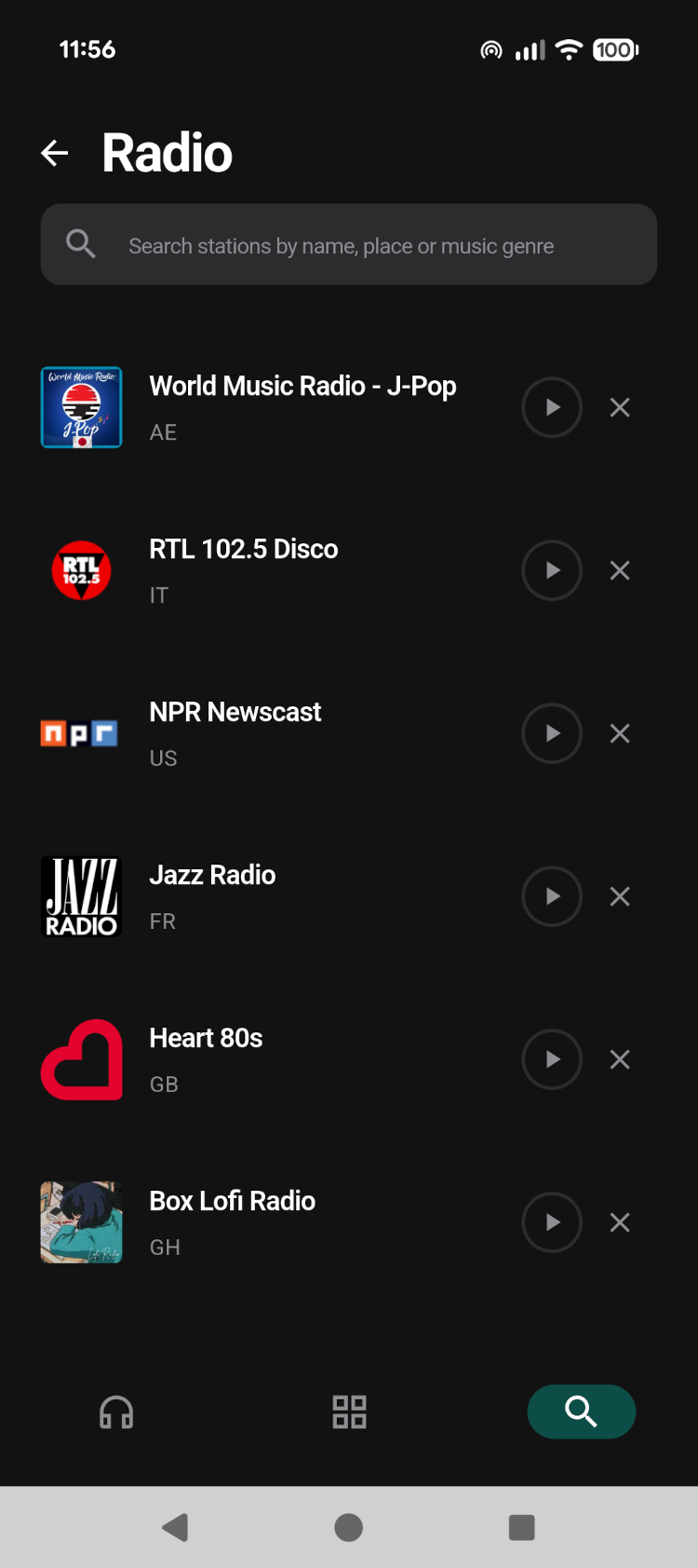 Radio screen showing saved live stations