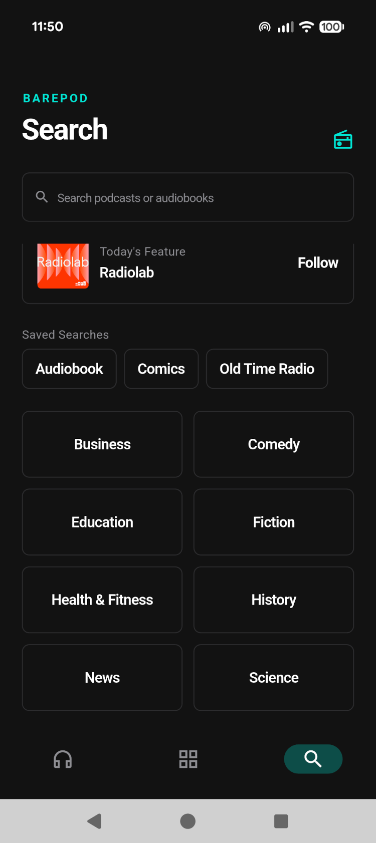 Search screen showing podcast discovery