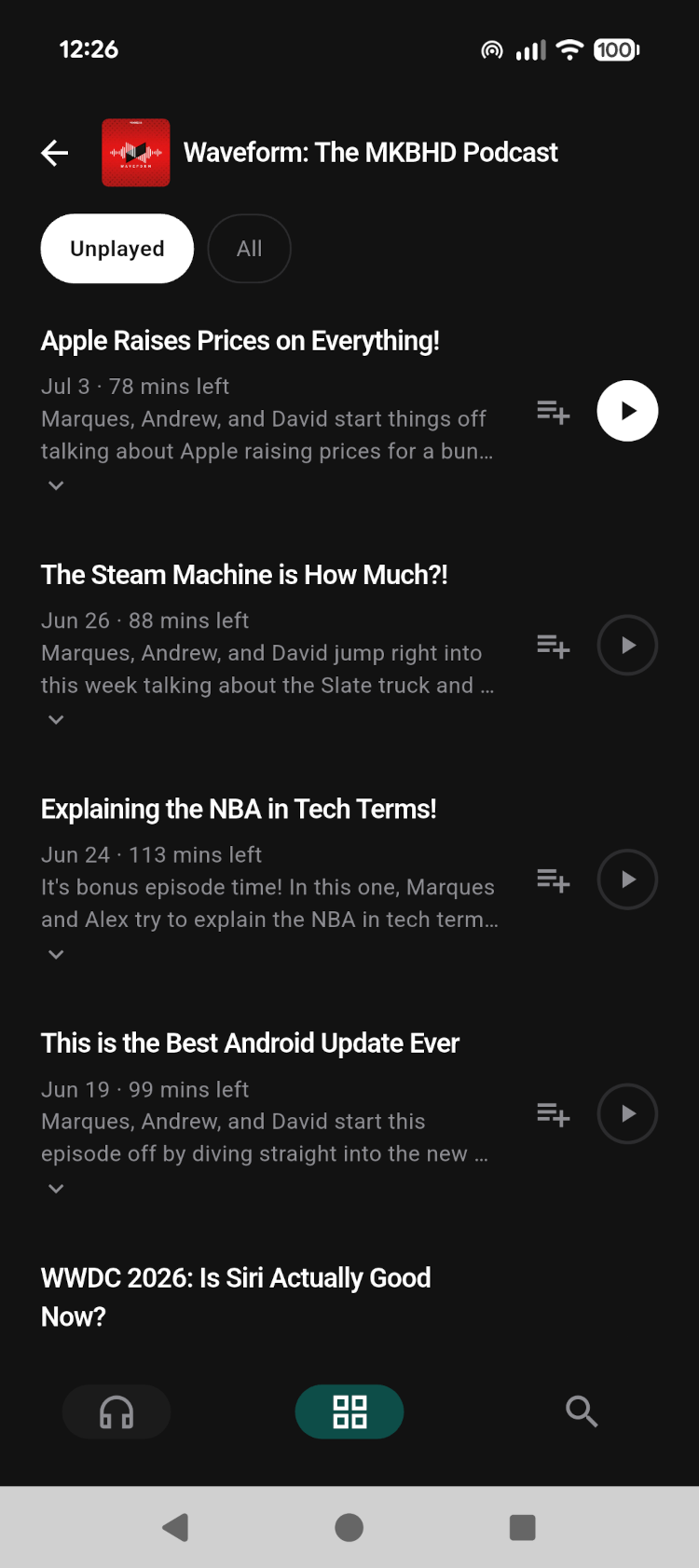 Show page listing episodes for a followed podcast