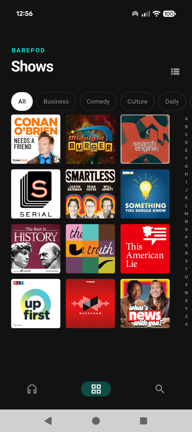Shows screen showing followed podcasts